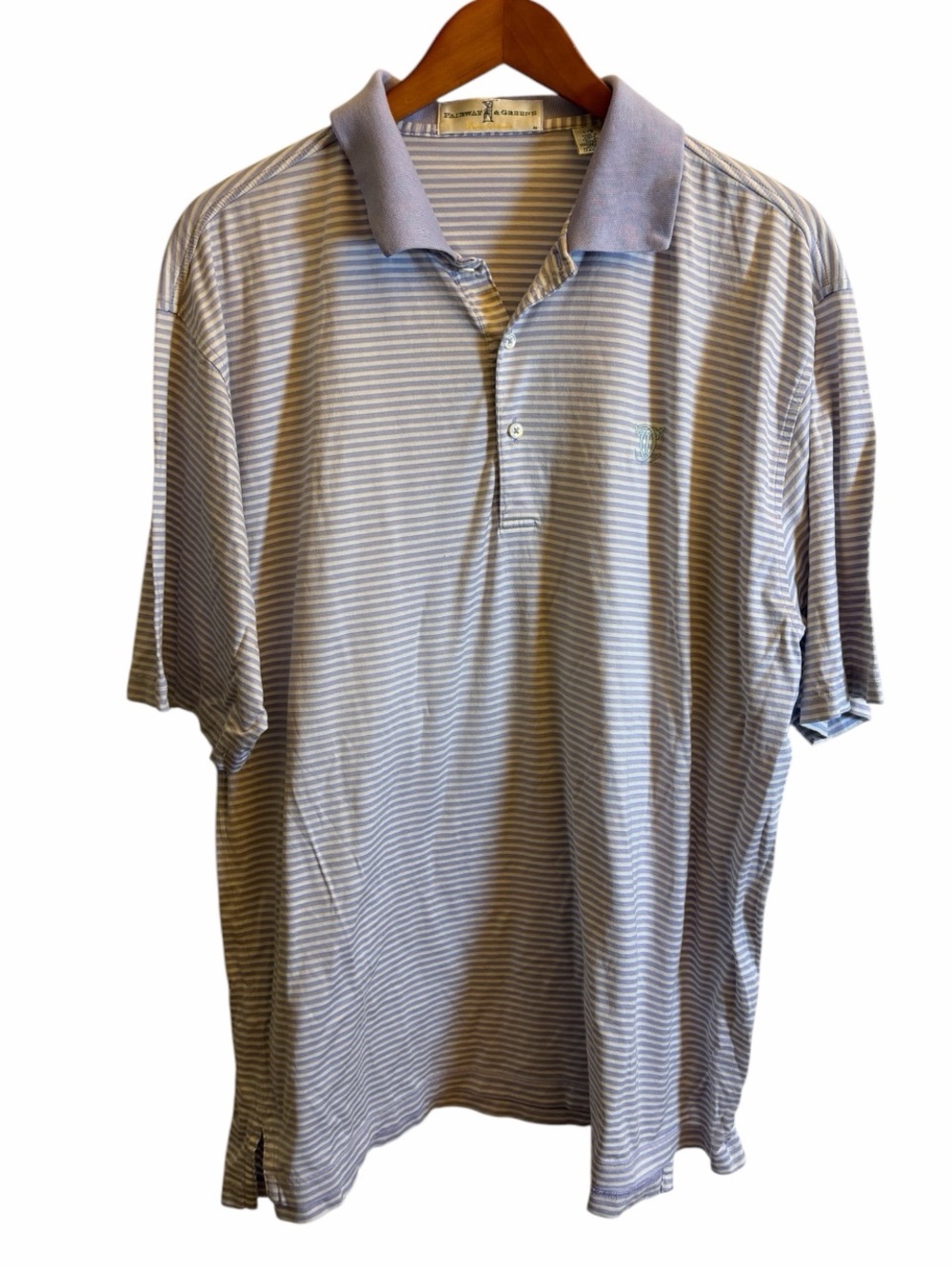 Fairway & Greene Golf Polo Shirt Mens Large Lavender White Stripe 100%  Cotton
